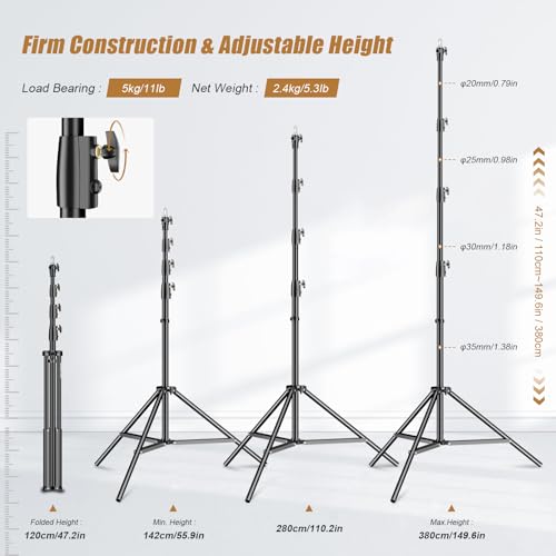 Godox 380F Heavy Duty Light Stand 150in/12.6' Tripod Stand Adjustable 110cm-380cm Spring Cushioned Photography Light Stand with 1/4” to 3/8” Screw Adapter for Strobe,LED Video Light,Monolight, Softbox - size: 150in