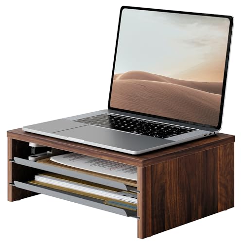 Fenge Monitor Stand, 3-Tier Monitor Riser with Slide-Out Tray, Wooden and Metal Desktop Organizer for Home Office, Computer, Laptop, Printer, Telephone - color: Brown