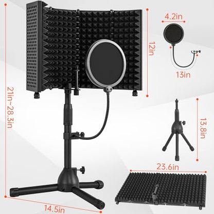 Desktop Microphone Isolation Shield with Tripod Stand Curved Panel, Foldable Microphone Sound Shield, Studio Mic Sound Absorbing Foam Reflector for Studio Recording - size: Standard