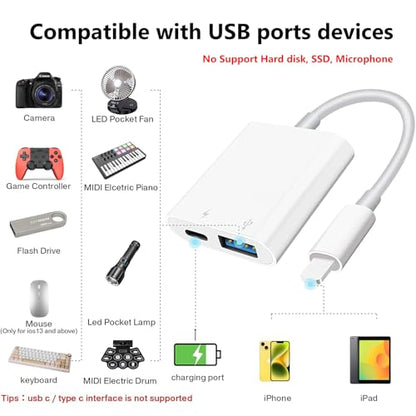 Lightning to USB Camera Adapter with Charging Port for iPhone Portable USB 3.0 Female OTG Cable for iPad to Connect Card Reader USB Flash Drive U Disk Microphone Keyboard Mouse Hubs Midi - size: (USB + Charging Port) to Lightning