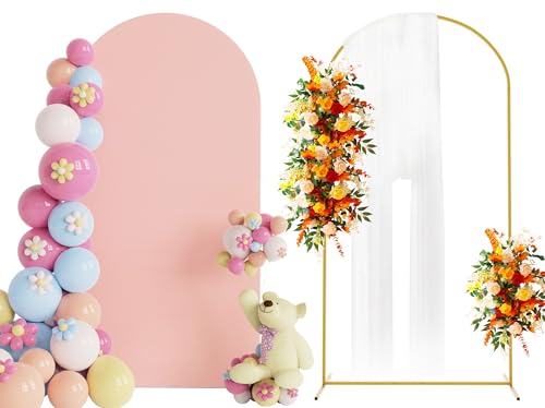 Putros Arch Backdrop Stand and Cover Set, 6.6ft, Gold Arch Stand with Pale Pink Cover, Metal Arched Background Frame for Wedding, Birthday Party, Baby Shower, Photography Decoration - color: Pale Pink, size: 6.6ft x 3.3ft