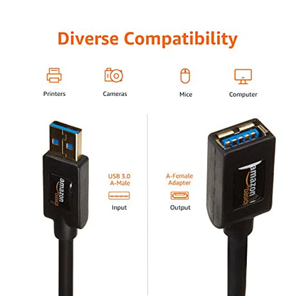Amazon Basics USB 3.0 Extension Cable, A-Male to A-Female, 4.8Gbps High-Speed, Gold-Plated Connectors, 6.5 Foot, Black - size: 6.5 Feet