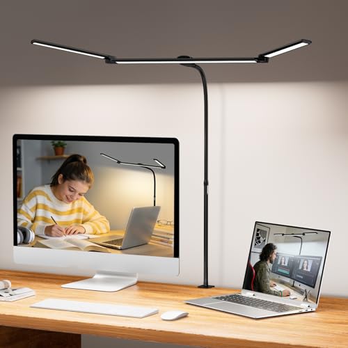 LED Desk Lamp for Home Office,3 Lamp Bars, 5 Color Temperatures & 10 Dimming Brightness, Flexible Neck, 15W USB Adapter Desk Light with Clamp for Reading, Study, Craft (Black) - size: 3-Head Flexible Arm Desk Lamp