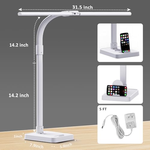 GAEFURY LED Desk Lamp for Home Office, 24W Bright Desk Lamp with Phone Holder Base - 25 Lighting Modes Eye-Caring Desk Light Adjustable Gooseneck Lamp for Workbench Drafting Reading Study-White - color: White