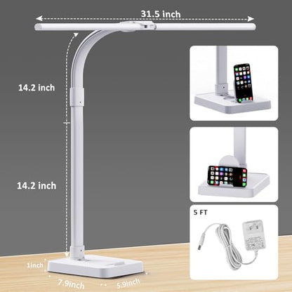 GAEFURY LED Desk Lamp for Home Office, 24W Bright Desk Lamp with Phone Holder Base - 25 Lighting Modes Eye-Caring Desk Light Adjustable Gooseneck Lamp for Workbench Drafting Reading Study-White - color: White
