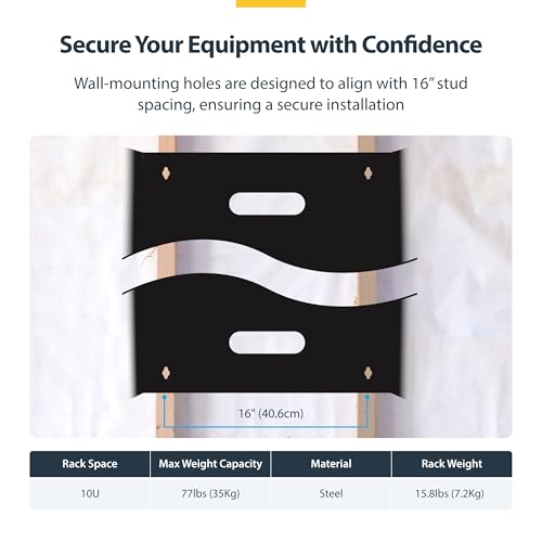 StarTech 10U 19in Wall-Mount Network Rack, 14in, 77lb (RACK-10U-14-BRACKET) | Low-profile shallow rack, M6 screws and cage nuts, Fits gear up to 12in deep, Rear cable slot, Steel - size: 10U