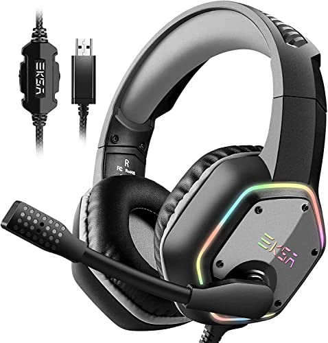 EKSA E1000 USB Gaming Headset for PC, Computer Headphones with Microphone/Mic Noise Cancelling, 7.1 Surround Sound, RGB Light - Wired Headphones for PS4, PS5 Console, Laptop, Call Center - color: Grey
