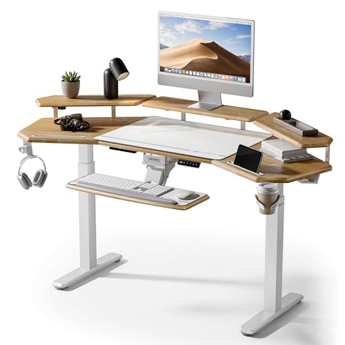 EUREKA ERGONOMIC Solid Wood Top Gaming Desk with Keyboard Tray, 72" Wing Shaped Music Studio Table with LED Shelves, Heavy Duty Gaming Recording Live Stream Desk, Cable Slot Design - color: Light Oak, size: 72"W x 35"H-Adjustable