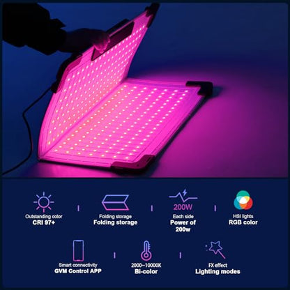 GVM 200W Flexible Led Panel Light Mat with Bluetooth Control, RGB Video Light with Softbox, 2000K-10000K Foldable Photography Light, 16 Kinds Lighting Scene, 1400pcs Led Beads, 23.62 * 23.62 inch - size: B200C