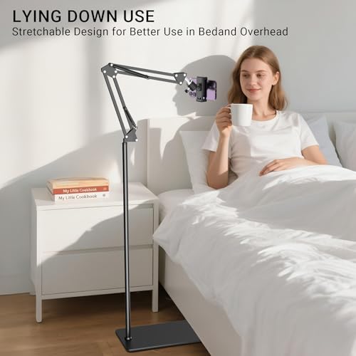 Floor Overhead Phone Mount, Phone Tripod Stand for Video Recording, Arm Holder Compatible with iPhone Camera with 1/4”Screw for Filming, Food Photograhy, Live Content Creation