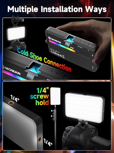 Moman LED Camera Light, RGB Video Lights for Photography, App Wireless Control, 2500-9000K, CRI 95+, Long Battery Life, Portable Lighting Panel with Cold Shoe, Fits for GoPro Sony Canon - color: Black