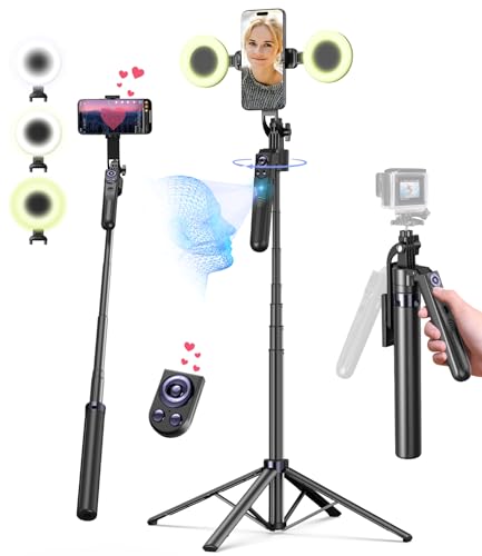 Yeaki 71” Auto Face Tracking Tripod for iPhone with Light,360° Rotating Phone Stand with Rechargeable Remote Control for TikTok Vlog Video Recording, Phone Tripod for Android Camera/GoPro/Ring Light - color: Black