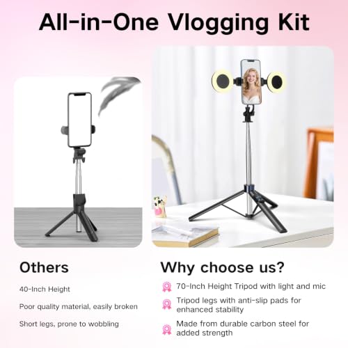 Content Creator Vlogging Kit,70inch Selfie Stick Tripod with Light and Wireless Microphones,Content Creator Essentials for iPhone/Android,Phone Tripod for Tiktok &YouTube Starter Kit
