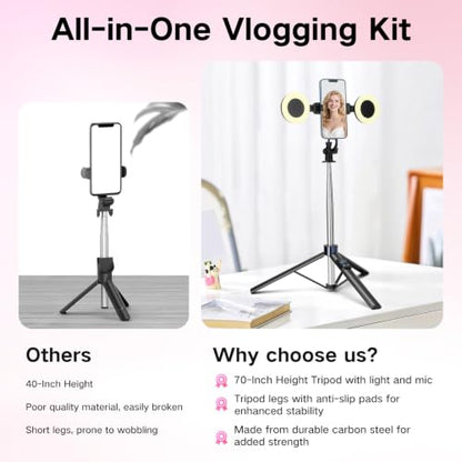 Content Creator Vlogging Kit,70inch Selfie Stick Tripod with Light and Wireless Microphones,Content Creator Essentials for iPhone/Android,Phone Tripod for Tiktok &YouTube Starter Kit
