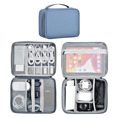 Double Layer Leather Cable Organizer Bag Large Capacity Waterproof Tech Organizer Case for Travel Electronics Accessories Storage Case with Adjustable Divider(Gray&Blue, Double Layer-Large) - color: Gray&Blue, size: Double Layer-Large