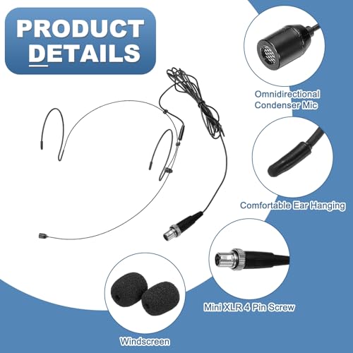 MECCANIXITY Ear Hook Headset Microphone, Double Over Ear Set Hanging Omnidirectional Wired Audio Condenser Microphone Headset with Mini XLR 4 Pin Screw Plug 3.9ft Cable, Black - color: Black, style: Mini XLR 4 Pin Screw Plug