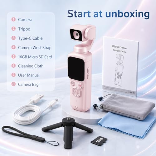 4K Vlogging Camera with 330° Rotating Lens & Face Tracking, Portable Pocket Digital Camera for YouTube TikTok with WiFi, Includes 16GB Card, Tripod & Carrying Bag, Pink - color: Pink