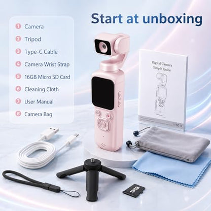 4K Vlogging Camera with 330° Rotating Lens & Face Tracking, Portable Pocket Digital Camera for YouTube TikTok with WiFi, Includes 16GB Card, Tripod & Carrying Bag, Pink - color: Pink