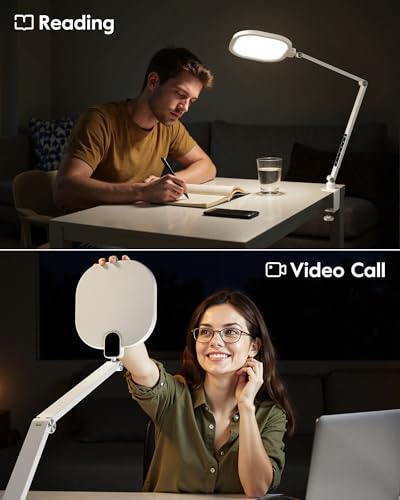LitONES Led Desk Lamp with Clamp, 2000LM Dimmable Home Office Desktop Light, 3000k-6500k Adjustable Swing Arm Ring Light for Video Conference, Study, Reading, Zoom Calls, Streaming (White) - color: White