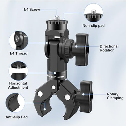 Super Clamp Mount with Magic Arm for Motorcycle & Bike, Heavy Duty Camera Clamp for GoPro 13/12/11/10/9, Compatible with Insta360 X5 X4 X3, for DJI Osmo Action Camera - YD055