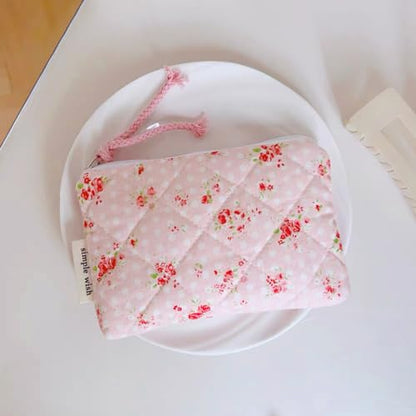 Cotton Quilted Floral Coin Purse Digital Camera Pouch with Cute Prints Zipper for Women Girls (PINK ROSE) - color: PINK ROSE