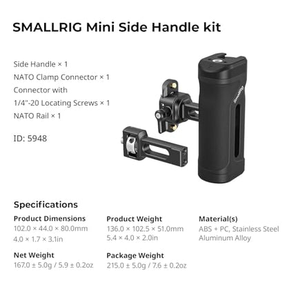 SmallRig NATO Clamp Mini Side Handle with NATO Rail & 1/4''-20 Locating Screw, Ergonomic Camera Side Handle for Left and Right Hand, 30mm/1.2in Up and Down Adjustable, Max. 10kg Payload - style: NATO + 1/4''-20 Locating Screw