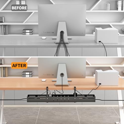 Under Desk Cable Management Tray, Expandable Length 25.2"-38.6",No Drill No Damage to Desk,Cable Tray with Clamp for with Wire Management,for Cord Organizer for Home Office Standing Desk, Black