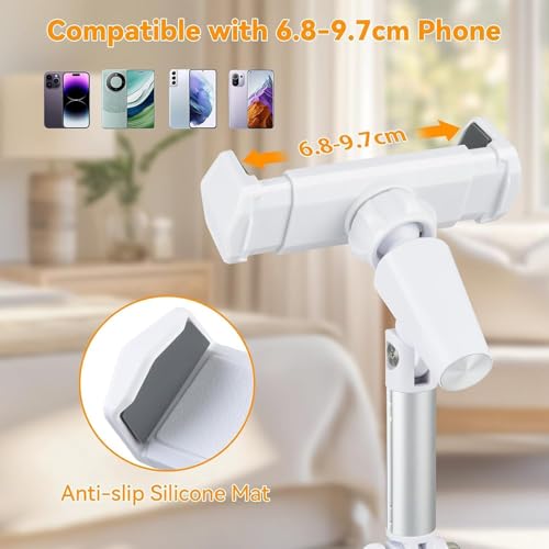 Adjustable Height Phone Stand for Desk, Angle Adjustable Desktop Phone Holder with 360°Rotation Ball-Head,Weighted Base and Aluminum Alloy Support Rod for Phone 4”-7” - color: T10White