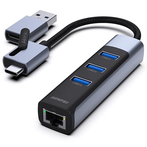 BENFEI 4in1 USB-C/USB 3.0 to Ethernet Adapter with 3*USB 3.0 Ports Compatible for iPhone 15 Series, MacBook Pro/Air 2023/2022/2021/2020/2019 and More - style: USB upright
