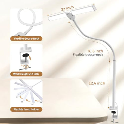 Led Desk Lamp for Home Office, Eye-care Architect Light with Clamp, Smart Double Head Computer Monitor Table Clip Lamp, Adjustable Flexible Goose-Neck, 25 Lighting Models, Task Lamp, White and Sliver - color: White and Sliver