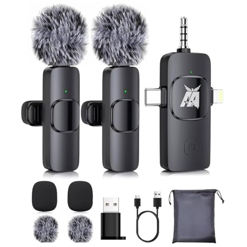 Aarkani Wireless Lavalier Microphone 3-in-1 for iPhone, Android, DSLR Camera – Dual Mic Set with Receiver (Lightning, USB-C, 3.5mm), Plug & Play for Video Recording, YouTube, Vlog, Interview