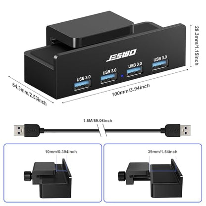USB Hub 3.0, JESWO Clamp USB Hub with Extra Power Supply Port, Aluminum 4-Port USB 3.0 Extender Hub with 4.92ft Cable for Monitors, Desks, PC, Laptop, XPS, USB-Flash Drives, etc.