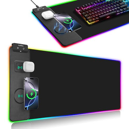 ExtreLife Wireless Charging Mouse Pad, RGB Gaming Mousepad, 31.5"x11.8" Extra Large Desk Mat, 13 Light Modes, Ultra-Smooth Surface, Non-Slip Base, Waterproof Computer Keyboard Pad for Laptop, Black - color: Black-31.5"x11.8"