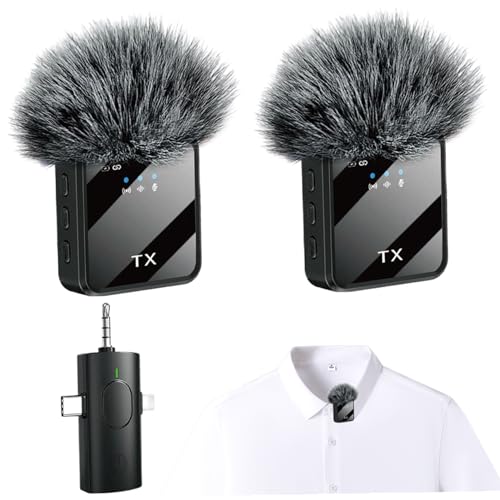 Wireless Microphones, 3 in 1 Lavalier Microphone with Noise Cancellation 3.5 mm Microphone 2 Pack Mini LED Display Mic for Interview, ASMR, Video and Podcasting