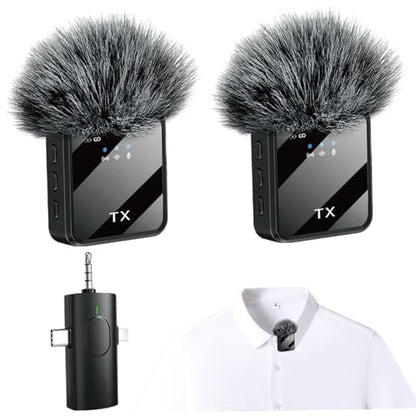 Wireless Microphones, 3 in 1 Lavalier Microphone with Noise Cancellation 3.5 mm Microphone 2 Pack Mini LED Display Mic for Interview, ASMR, Video and Podcasting