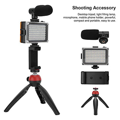 Portable Live Video Kit, Mobile Phone Photography Set with Fill Light Microphone Tripod and Phone Holder for Vlogging Live Streaming (Red) - color: Red