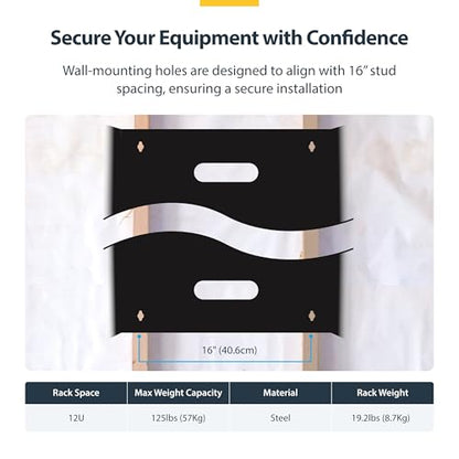 StarTech 12U Wall-Mount Patch Panel Rack, 13.75in, 125lb, TAA (WALLMNT12) | Low-profile shallow bracket, M6 screws and cage nuts, Ships assembled, Holes 16in apart, Solid steel - size: 12U