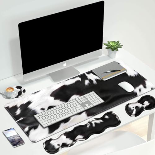 4 in 1 Ergonomic Keyboard Wrist Rest & Mouse Pad Wrist Rest Set, Large XXL Gaming Desk Mat 31.5"x 11.8" with Non-Slip Base, Memory Foam for Home Office Study Gaming, Black and White Cow Print - color: Black and White Cow Print