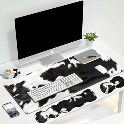 4 in 1 Ergonomic Keyboard Wrist Rest & Mouse Pad Wrist Rest Set, Large XXL Gaming Desk Mat 31.5"x 11.8" with Non-Slip Base, Memory Foam for Home Office Study Gaming, Black and White Cow Print - color: Black and White Cow Print