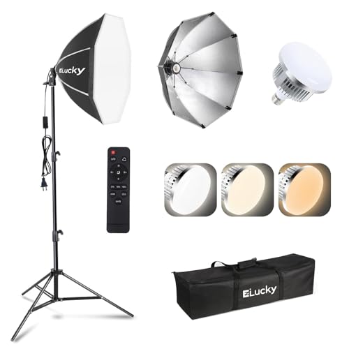 EZLucky 20" Octagonal Softbox Lighting Kit with 85W Dimmable LED Bulb | 85W bi-color softbox light with remote, 25–60" stand, and carrying bag for portraits, video, streaming, and products - size: 1 Pcs