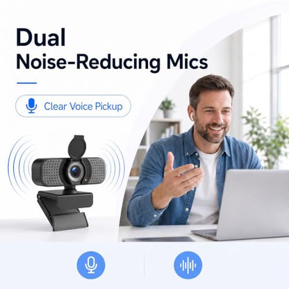 1080P Webcam with Microphone, USB Camera for PC and Laptop, Privacy Cover | For meetings, remote work, classes, streaming, and video calls; includes 105° wide view, privacy cover, and mini tripod