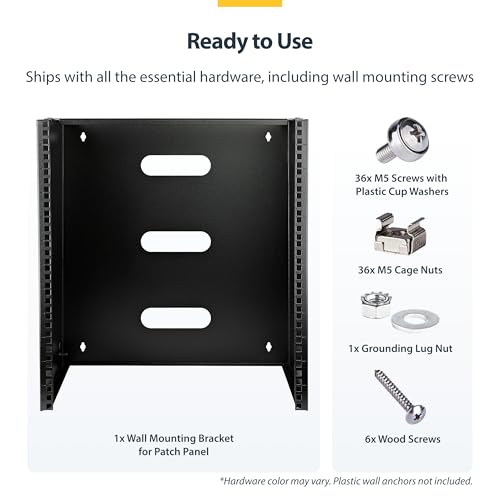 StarTech 12U Wall-Mount Patch Panel Rack, 13.75in, 125lb, TAA (WALLMNT12) | Low-profile shallow bracket, M6 screws and cage nuts, Ships assembled, Holes 16in apart, Solid steel - size: 12U