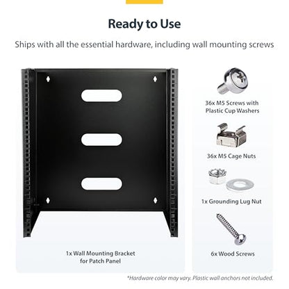 StarTech 12U Wall-Mount Patch Panel Rack, 13.75in, 125lb, TAA (WALLMNT12) | Low-profile shallow bracket, M6 screws and cage nuts, Ships assembled, Holes 16in apart, Solid steel - size: 12U