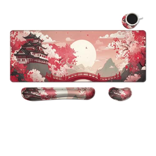 Desk Mat, Large Gaming Mouse Pad with Wrist Rest, 4 in1 XXL Mouse pad+Keyboard Wrist Rest+Mouse Pad Wrist Support+Cup Coaster Set, Ergonomic Desk Pad for Home Office, Japanese Sunrise - color: Japanese Sunrise