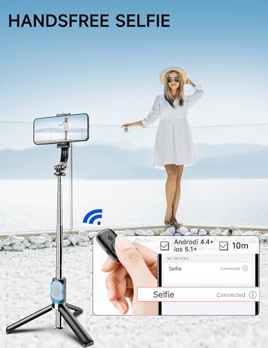42" Selfie Stick Tripod with Fill Light Extendable Phone Stand All-in-1 Selfie Stick Travel Tripod with Detachable Remote & Phone Holder Cell Phone Tripod Compatible with iPhone/Android - color: Black with Light