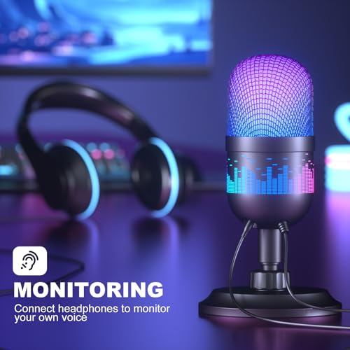 Aokeo Gaming Microphone, USB Computer Microphone for PC, Mac, PS4/5, Condenser Podcast Mic for Studio Recording, for Streaming Podcast YouTube, with Led Light