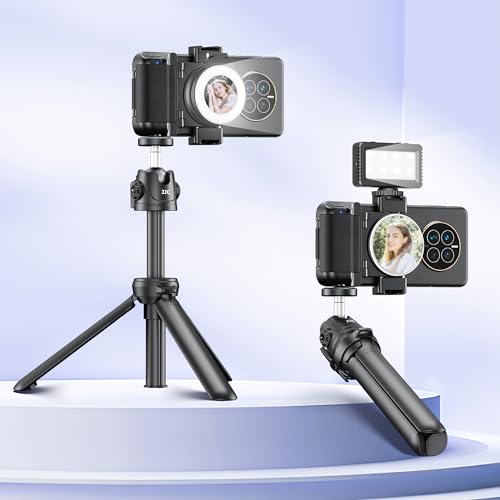 Phone Camera Grip Smartphone Photography Shooting Clip with Tripod Mount & Detachable Wireless Shutter Remote Control, Cellphone Selfie Grip Handle Stand for iPhone & Other Phone Vlog Video Black - color: Black