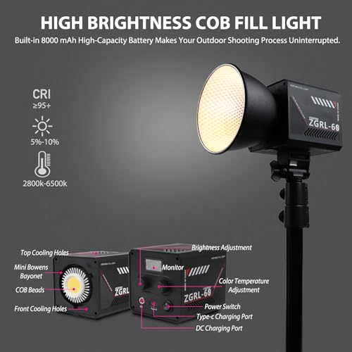 60W COB LED Video Light Handheld Portable with 8000 mAh Battery Dual-Color Photography Lighting Spotlight for Studio, Streaming, Phone Video, 2800K-6500K, 8 Lighting Effects, CRI ≥95