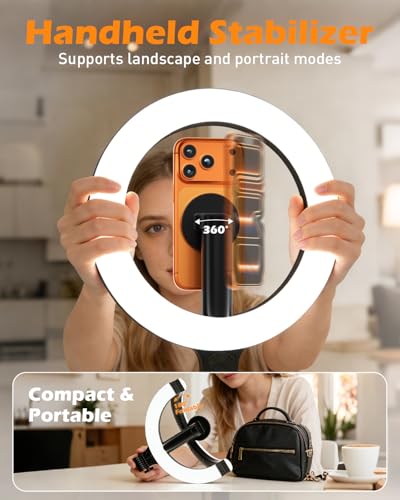 CloudValley Magnetic Overhead Phone Mount with 10" Ring Light, 5000mAh Desktop Tripod with Battery Display, Foldable LED Selfie Light with iPhone Stand for Video Recording Cooking, Live Streaming