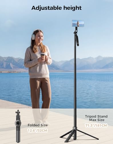 TechRise 71" Phone Tripod, 3-in-1 Clamp & MagSafe Magnetic Selfie Stick with Bluetooth Remote, Auto Extend Phone Stand, Compatible with iPhone 17 Series, Sony, Canon Cameras, Lightweight Travel Design